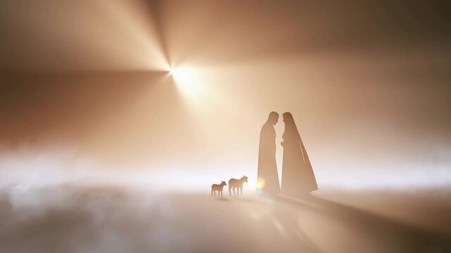 A religious scene depicts the Nativity of Jesus, with Mary and Joseph silhouetted against a luminous light source. ..Created with Generative AI, not depicting real subjects.