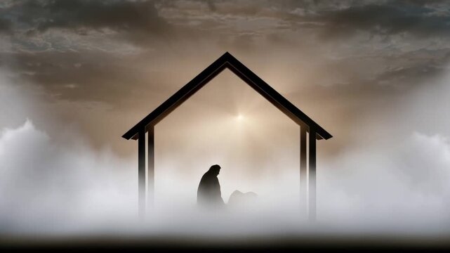 A poignant Nativity scene bathed in ethereal light, with a silhouette figure kneeling within a humble stable. ..Created with Generative AI, not depicting real subjects.
