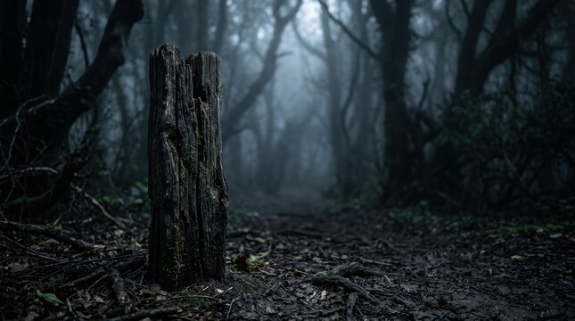 A weathered wooden stump stands in a misty dark forest with a path leading into the dense trees