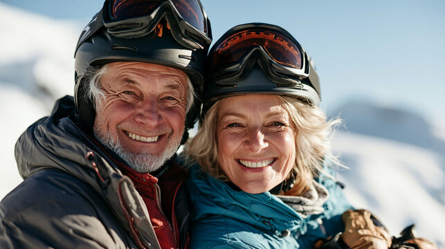 an elderly couple, likely on a ski or snowboarding trip, captured outdoors. The man, on the left, wears a dark helmet with orange goggles and a red jacket.