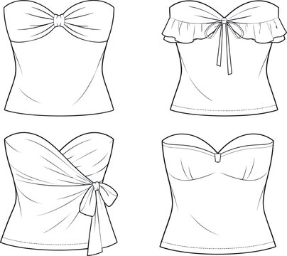 Women strapless tube tops and bustiers fashion flat sketch technical drawing vector set