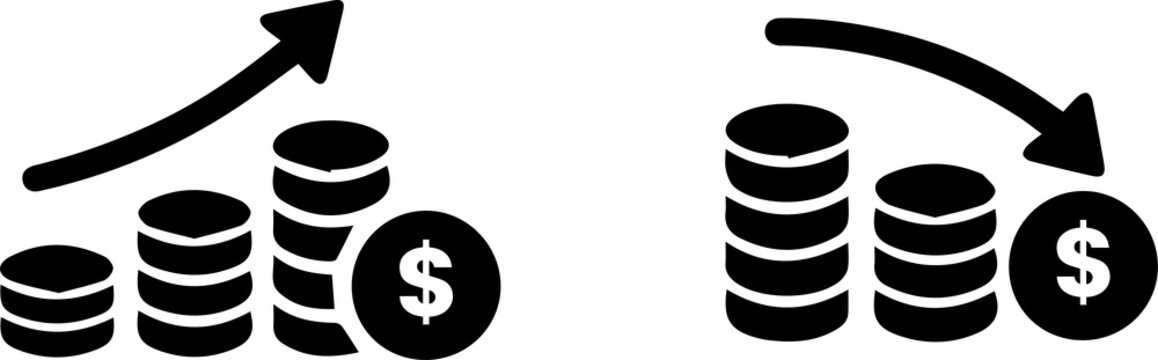 Money Increase and Decrease Coins Icons Set