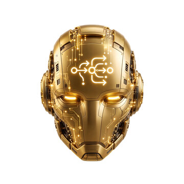 Golden robotic humanoid cyborg head icon isolated on transparent background PNG