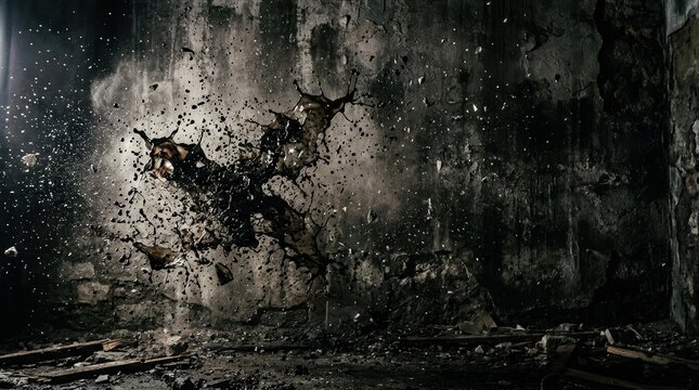 Thick dark liquid splashes and splatters across a rough gritty concrete wall Halloween