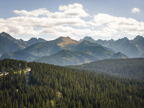Aerial view of the Tatra Mountains with dense pine forests, a winding road, and dramatic mountain peaks under a blue sky, Bukowina Tatrzanska, Lesser Poland Voivode, Poland.