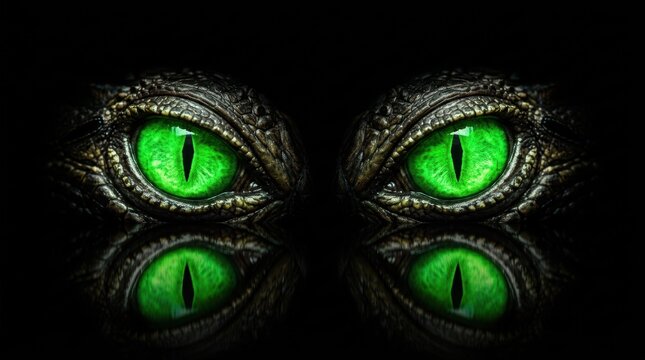 Close up of a crocodile's bright green eyes and scaly skin with reflections Halloween