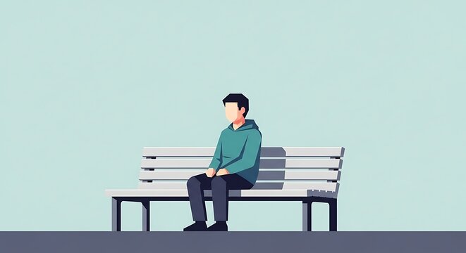 Flat illustration of a young man wearing hoodie sitting alone on a bench