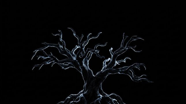 Eerie leafless tree with gnarled branches and exposed roots rendered with a dark mystical glow