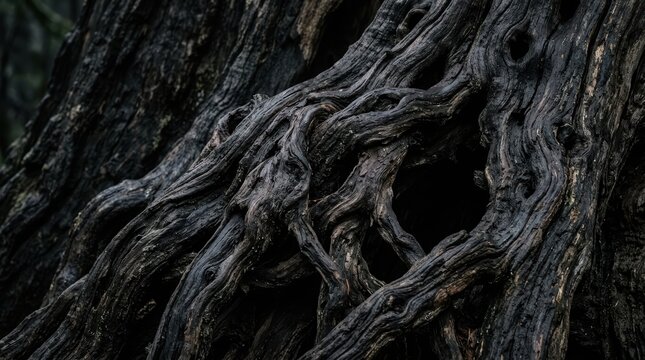 Close up view of gnarled weathered tree roots with intricate texture and deep shadows