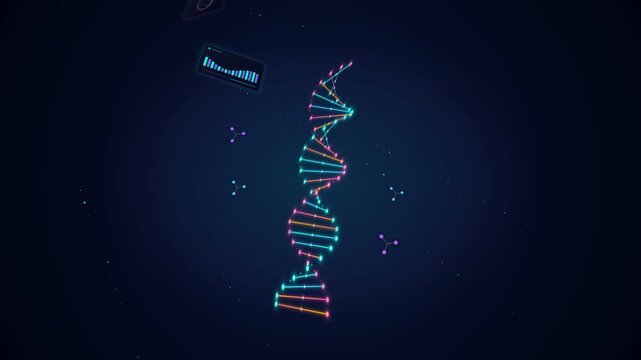Biotechnology DNA sequencing animation of rotating colorful double helix with glowing molecular bonds and scientific HUD data chart on dark background for genetics and bioinformatics research