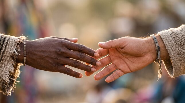 Two people reaching out to touch hands in a gesture of connection and unity.