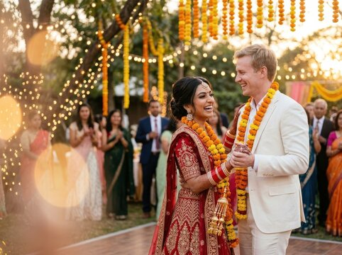 Marigold Wedding Couple Celebrates a Traditional Ceremony Outdoors