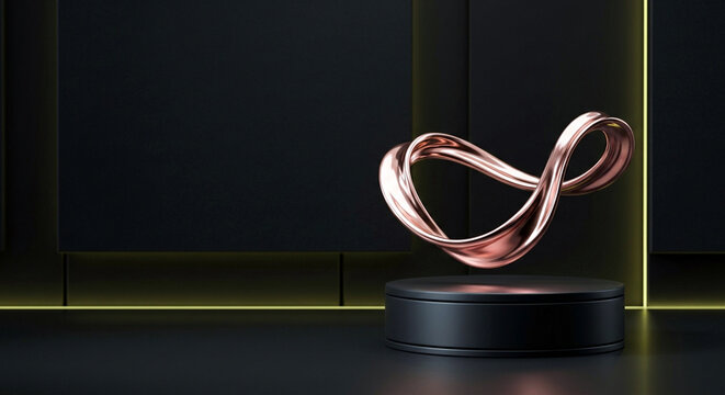 A shimmering rose gold metallic mobius loop curves gracefully above a circular dark platform set within a room featuring geometric paneling and vibrant glowing golden lines along the recessed wal