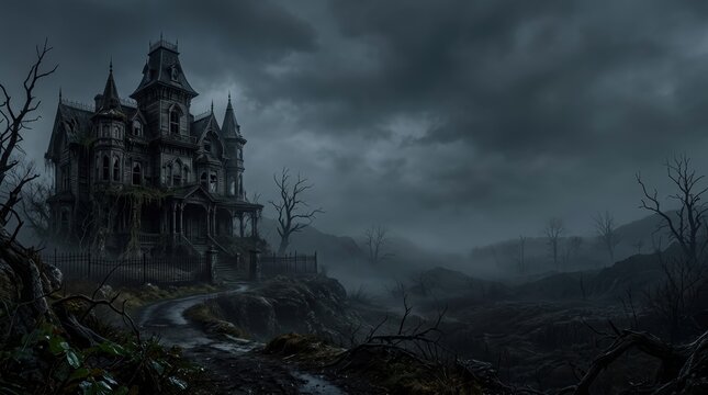 An imposing dilapidated Victorian mansion stands amidst a foggy desolate landscape under a stormy sky