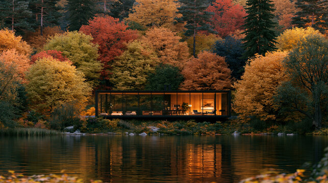 a modern house situated on the edge of a serene lake surrounded by a dense forest during autumn. The house has a sleek.