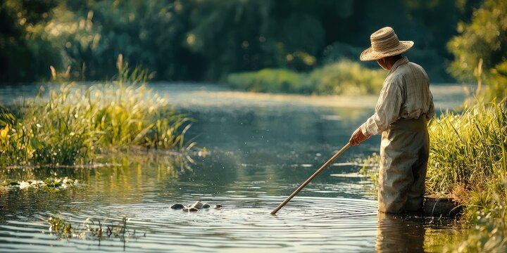 Man wearing straw hat fishes in lily-covered pond near stilt house with mountains and cloudy sky in background. Generative by AI.
