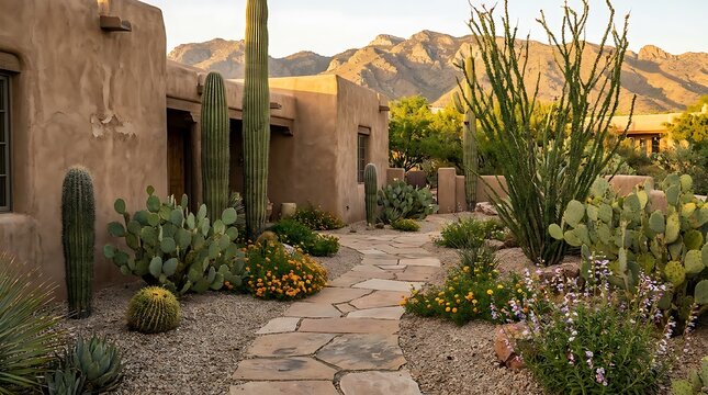 Beautiful adobe house with desert garden and saguaro cacti in arizona. arizona front yard