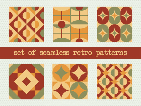 Collection of mid century retro geometric seamless patterns in warm vintage colors