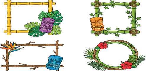 Tropical Bamboo Frame and Border Set with Tiki Masks Hibiscus Flowers Monstera Leaves and Wood Branches for Hawaiian Luau Party Invitation Designs © MDSAROWARHOSSAIN