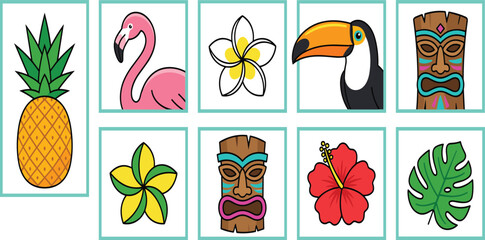 Tropical Hawaiian Tiki Element Sticker Card Set Featuring Flamingo Toucan Pineapple Hibiscus Flowers and Palm Leaves for Summer Beach Party Designs © MDSAROWARHOSSAIN