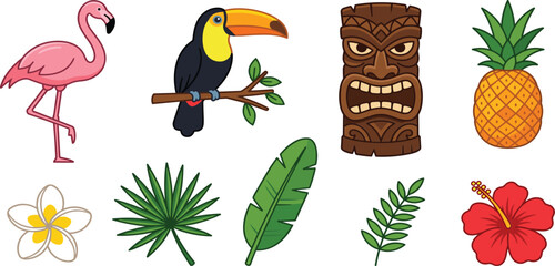 Tropical Hawaiian Tiki Mask Isolated Clipart Element Set Featuring Pink Flamingo Toucan Pineapple Hibiscus Flowers and Palm Leaves for Summer Beach Party Designs © MDSAROWARHOSSAIN