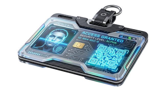 Futuristic security ID badge with biometric face scan, digital access card with glowing QR code, sci-fi electronic identification for secure facilities