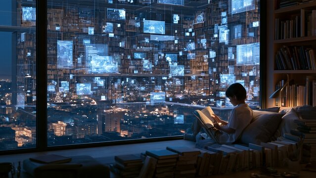 Future learning with World Children's Day, child studying peacefully beside a large window while holographic educational content transforms the room into an immersive digital library, personalized lea