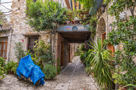 Narrow quiet cobblestone street lined with trees and potted plants in the mountain village Lefkara in Cyprus