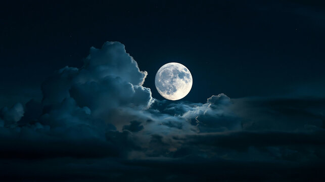 a large, full moon partially obscured by fluffy clouds. The sky is a deep navy blue, with a few scattered stars. The clouds are a mix of white and gray, with some appearing soft and fluffy.