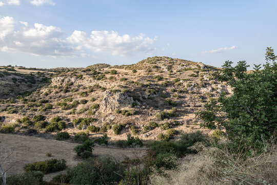 Unforgettable  beauty of a hilly landscape surrounding Neolithic settlement of Choirokoitia near Choirokoitia village in Cyprus