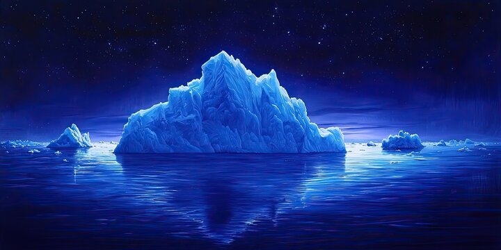 Massive floating ice formations rise from calm ocean under night sky with stars visible above dark blue water. Generative by AI.