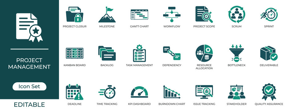 Agile project management solid icon set featuring kanban, gantt chart, scrum sprint, and milestone symbols. Vector icons for corporate strategy and workflow optimization.