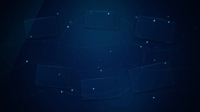 Modern glassmorphism UI background animation of glowing translucent frosted cards arranged in an arc with subtle light sweeps on dark blue cyber screen for tech business presentation concept