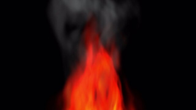 Bright orange flames rising with thick smoke on black background.