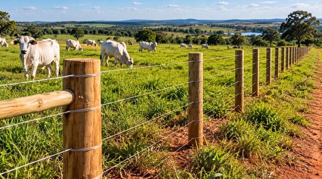Cattle grazing in a lush green pasture bordered by a rustic wooden fence