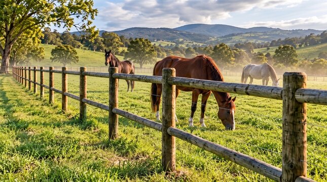 Horses grazing in a sunlit green pasture with rolling hills and a wooden fence