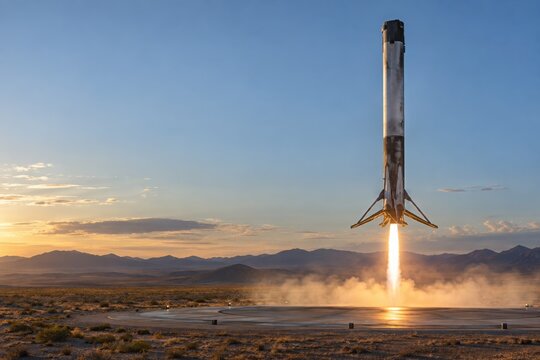 Reusable Rocket Booster Descending Toward Remote Landing Platform