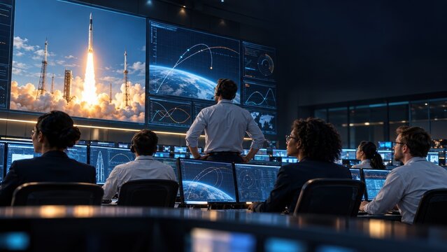 Aerospace Mission Control Team Monitoring Rocket Launch Operations