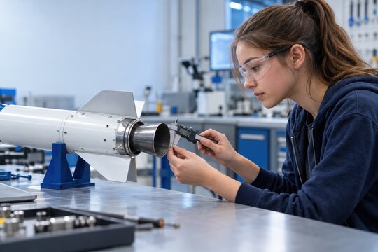 Teenage Girl Testing Small Rocket Prototype in School Engineering Laboratory