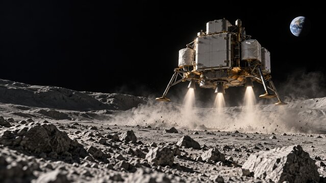 Cargo Spacecraft Descending Toward Lunar Surface for Future Moon Mission