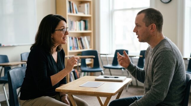 Language Instructor Practicing Conversation with Adult