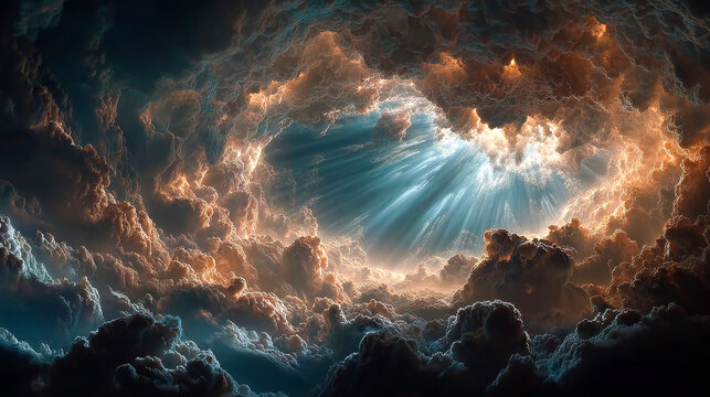 Divine sunbeams breaking through dramatic clouds for inspirational hope and faith background