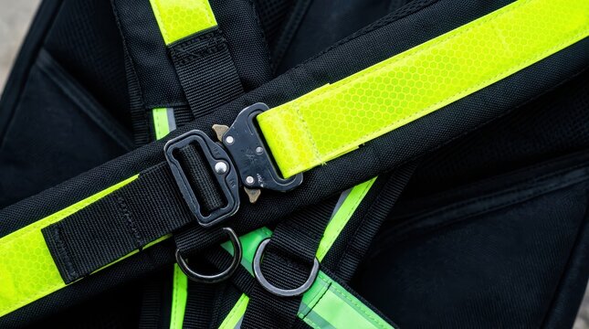 Close up of a black backpack with bright neon yellow reflective straps and metal buckle