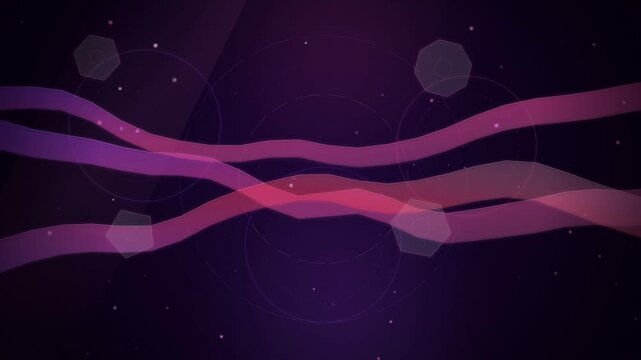 Abstract flowing magenta wave ribbons animation with floating translucent geometric hexagons, concentric thin circles, and glowing light particles drifting smoothly across dark purple background