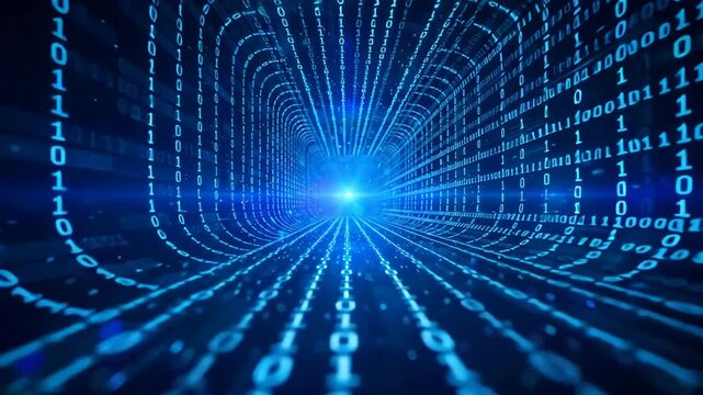 Digital binary tunnel glowing blue abstract data stream perspective futuristic cyber space virtual matrix technology corridor with light code background