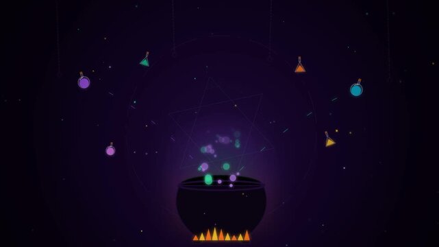 Magical witch cauldron brewing bubbling glowing green potion animation over campfire with hanging alchemy flasks, sparkling magic particles, and sacred geometry star on dark purple background