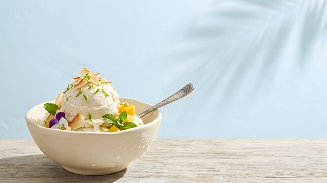 A serving of vanilla ice cream with coconut flakes and mint in a ceramic bowl