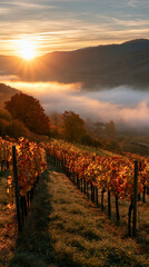 Fototapeta premium a serene vineyard during sunset. The sun casts a warm, golden light over the vineyard, illuminating the rows of grapevines with vibrant red and orange leaves.
