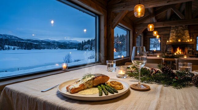 A plated salmon dish with asparagus rests on a table before a snowy winter landscape