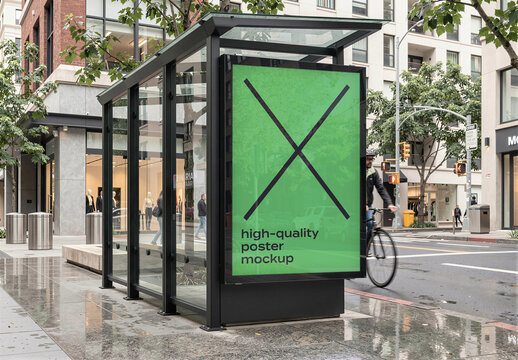 Rectangular Wall Mounted Poster Mockup Template on Bus Shelter in Street, Poster Signage for Logo Branding and Business Identity Presentation, Realistic Outdoor Advertising Scene